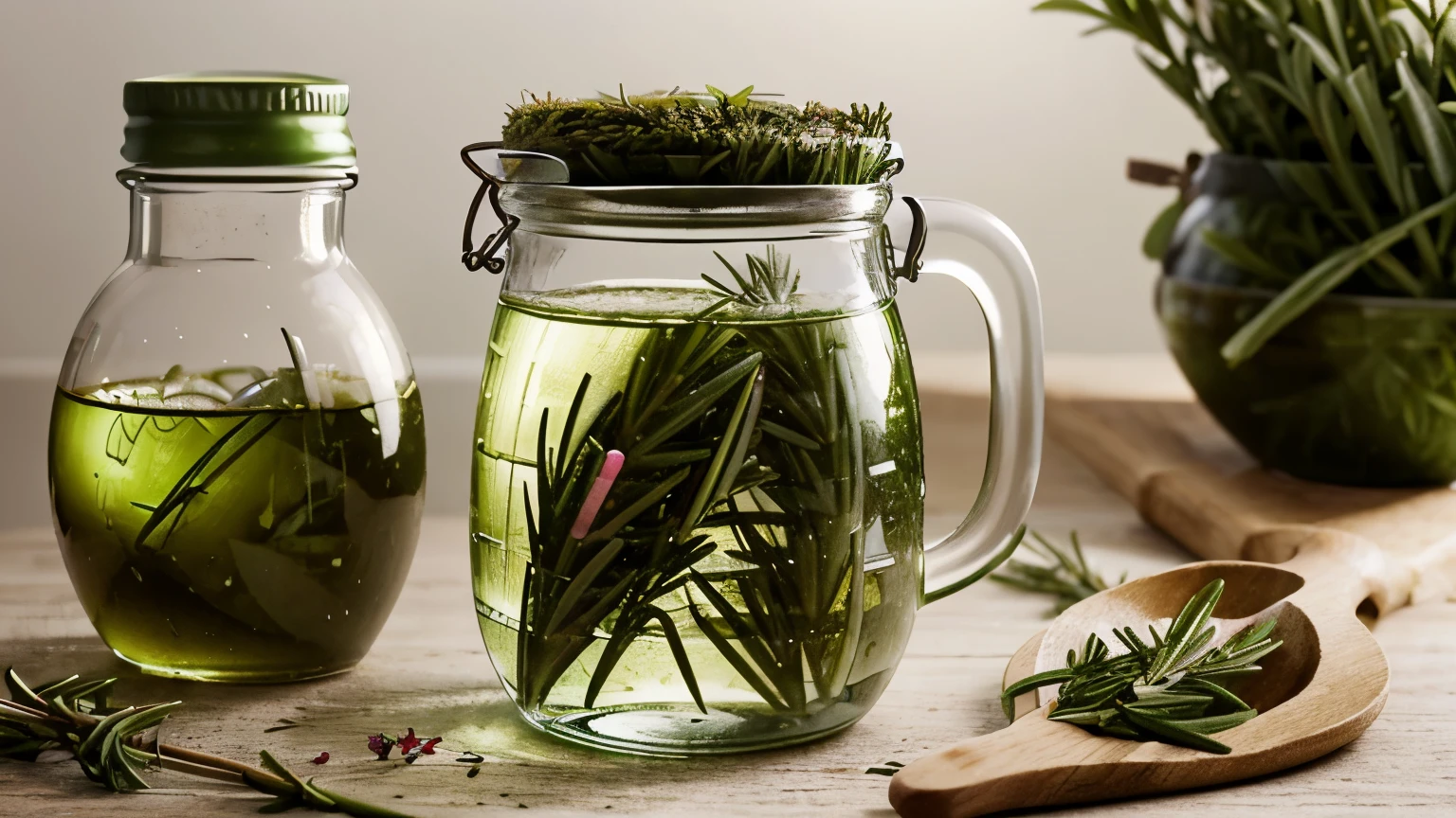 Create an illustration that represents rosemary as (((an elixir for well-being))) of the heart. {Draw a stylized bottle} containing a bright green liquid, representing the benefits of rosemary. [Around the bottle], small particles of cholesterol are transformed into healthy elements, like beating hearts or symbols of health.