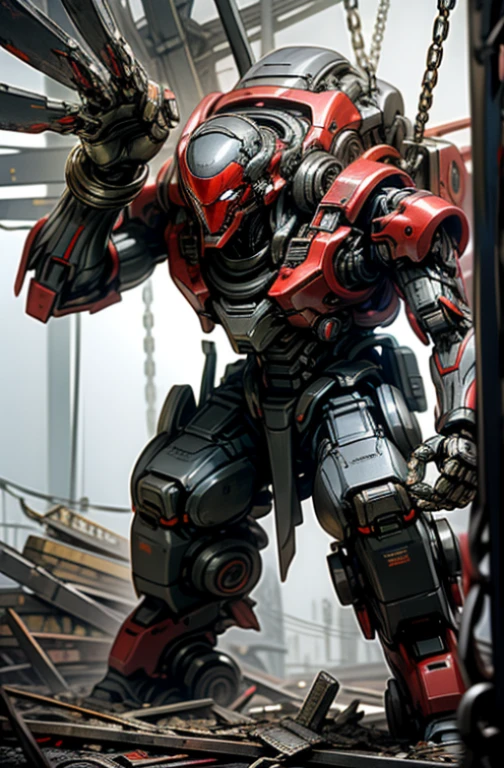 Dark_Fantasy,Cyberpunk,(chain saw,chain saw man,Red:1.1),1man,Mechanical marvel,Robotic presence,Cybernetic guardian,q3
