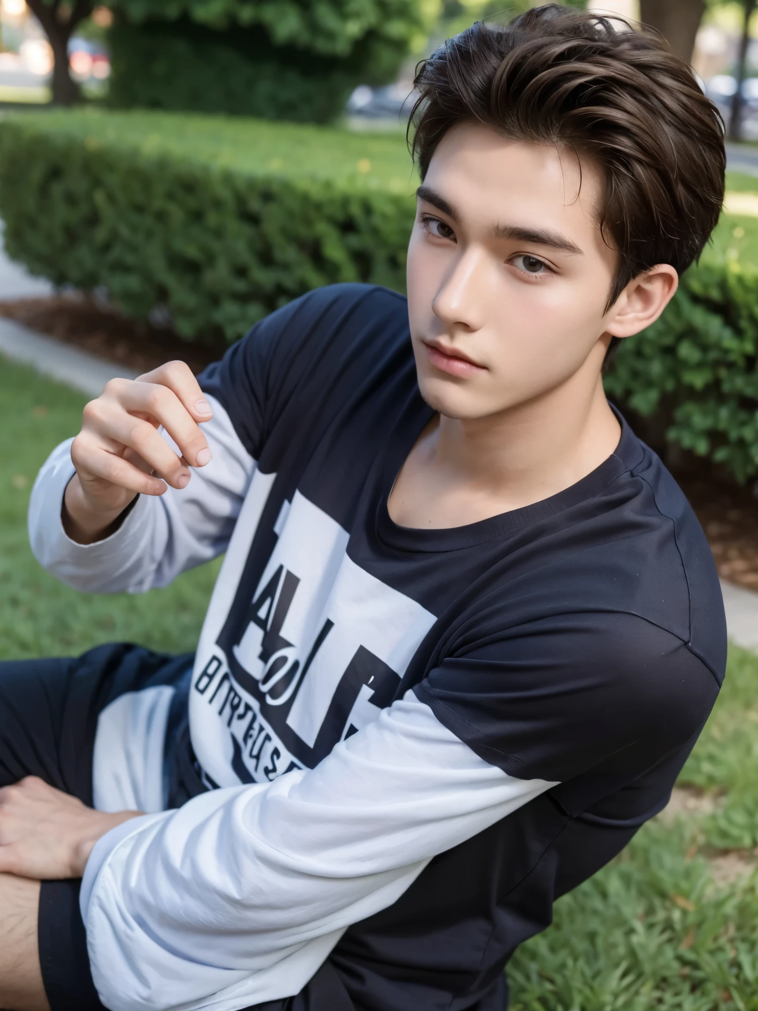 boy, y.o, handsome, semi-caucasian face, comma hair, city park