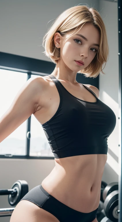 little pink tank top,  play sports often,  looking at the viewer, cinematic lighting, perfection, soft light, high resolution skins:1.2, realistic skin texture, 30 years old mature woman、small face、no makeup,  Bust B Cup, brown eye color,  yellow hair, short bob hair,  sports gym,  whole body