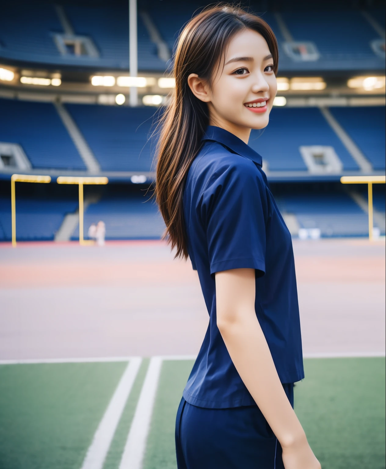(best quality,10,10,height,Masterpiece:1.2),very detailed,(realistic,ภาพrealistic,Realistic photos:1.37),1 cute girl on the football field,shiny, ผิวshiny,only,smile softly,BDclothelue shirt:1.3)),short sleeve,shirt, กางเกงขาlong.,(navy_long_ติดตามกางเกงขาlong:1.1), ((stadium background:1.3)),Dynamic angle,excited,Face focus,dynamic poses,from behind,Focus on the ass.,Masterpiece, best quality, ultra realistic, very detailedเกินไป, 8k resolution, raw photos, Sharp focus, ((Navy blue shirt:1.1)), short sleeve, เส้นทางlong, perfect bodyแบบ, 2 mature women, 18 years old, Cinema-grade lighting system,กางเกงขาlongวอร์มสีน้ําเงิน,exercise clothes,correct anatomy,perfect body, correct body, Sharp face, correct bodyทางกายวิภาค, full body,((สวมwatch)), watch, realistic gestures, long-haired, realistic ,ช่วงขาlong,fit,carved girl, Slender figure, Model, fit, beautiful body,Blue sweatpants, กางเกงวอร์มขาlong