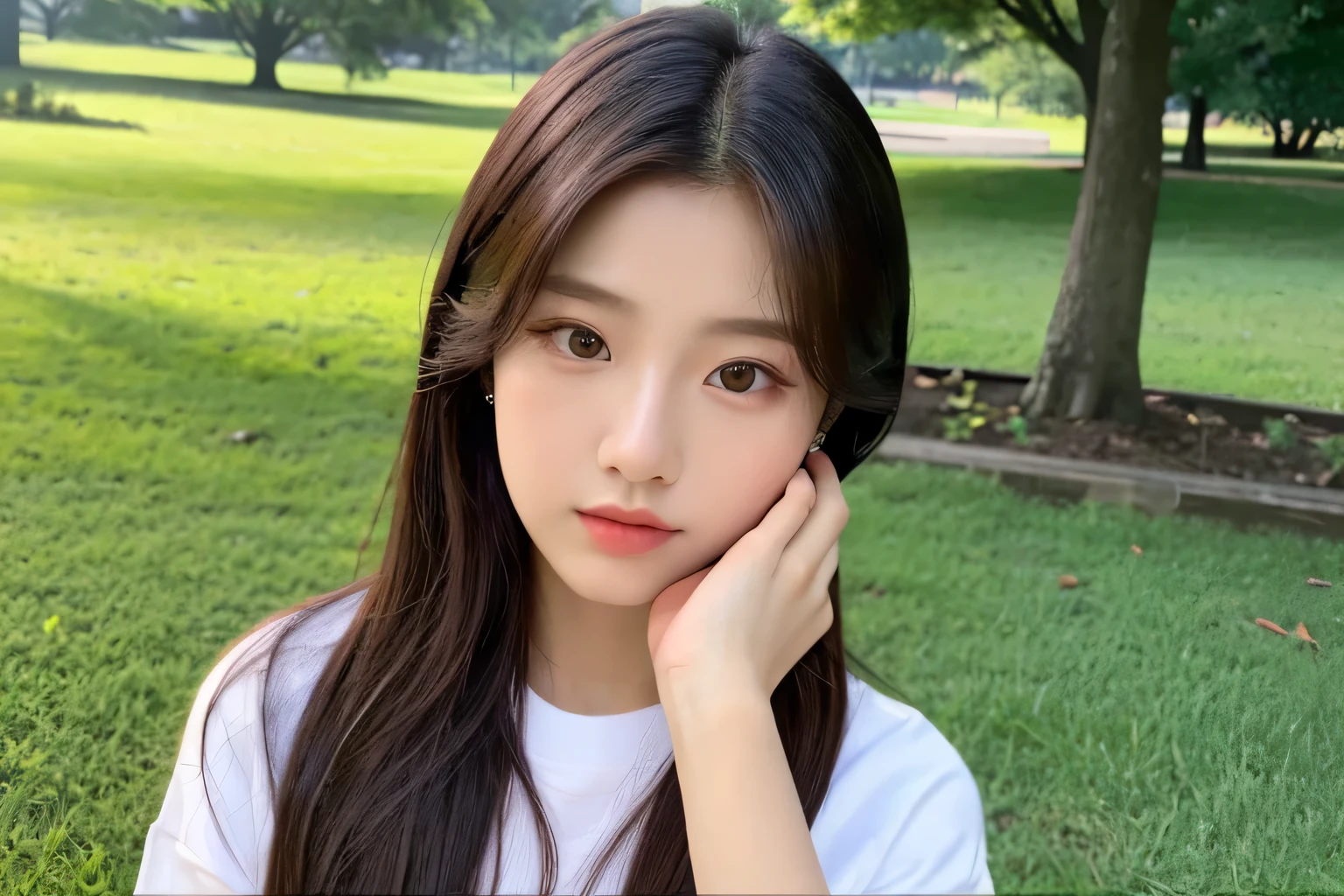 18-year-old idol, cum on chest, park background, compensate