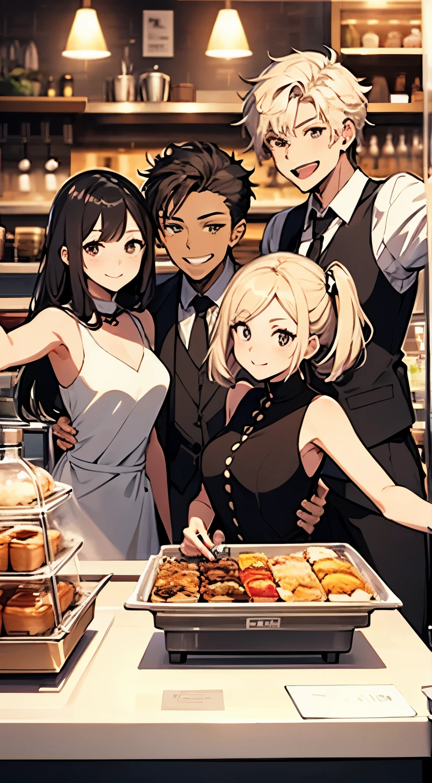 Beautiful girls, skinny body, medium breast, strapless and sleeveless white shirt, short black skirt, Desenho animado simples, Com roupa diferente, cabelo, different position, group selfie, with group of elegant mens wearing suit, anime style, happy face all, barista, cafe background,
