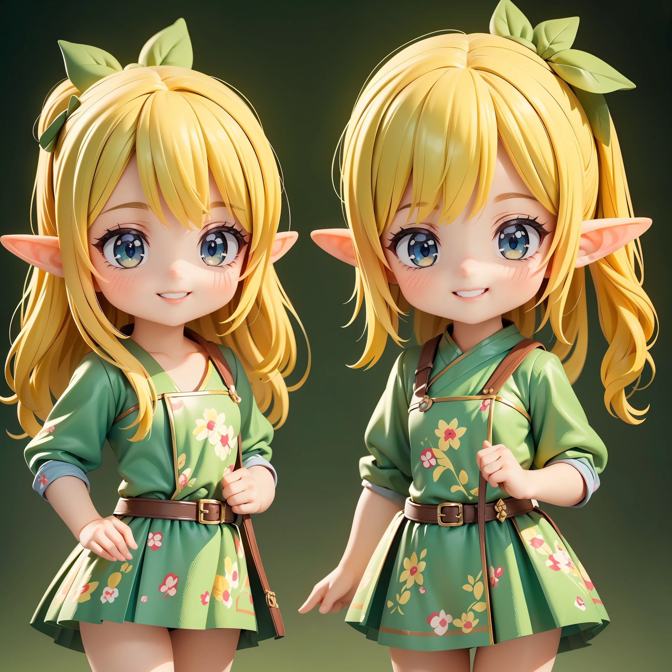 (8K, Live shooting, 最high quality, masterpiece:1.2), High-definition RAW color photo, プロのphoto shoot, cinematic light, 1 female, alone, goblin, (highly detailed diagram), High resolution!!, ((goblin)), blonde, ((goblinのドレス)), Solid green background, ((blonde, shortcut)), Slim loli figure, ((smile:1.2)), (pointy ears, goblin), normal hip joint, Nendoroid, cowboy shot, (shiny costume), Nendoroid, beautiful skin, shiny skin, perfect fingers, five fingers, anatomically correct, background bokeh, high quality, surreal, bright colors, ((very detailed, photo shoot)), Slim loli figure, Nendoroid,