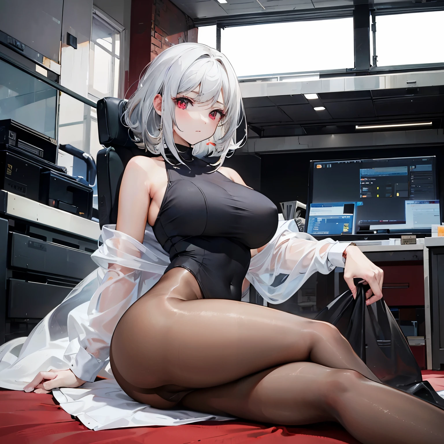 girl, big deal, big deal ass emphasis, big deal tits形状良好, Camera appearance , (1 girl), pretty face, (white hair), beautiful hairstyle, realistic red eyes, beautiful eye details, (real skin: 1.3), beautiful skin, attractive, HD,clothing transparent white transparent,National Science Foundation,floor , The shape of the device transparent and clear, posture(Bend and open your knees and feet), right hand raised,Show armpits