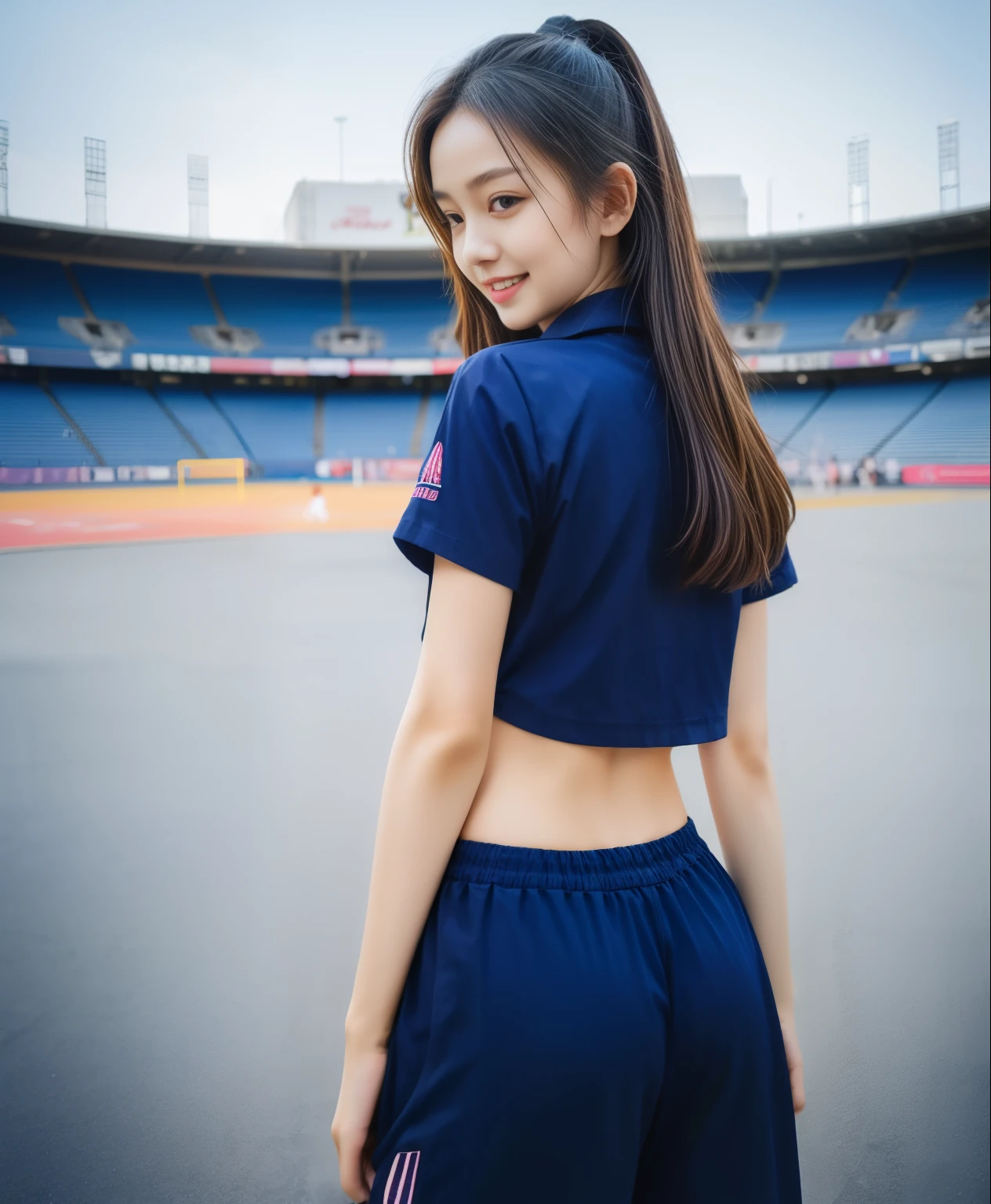 (bestquality,10,10,highres,masterpiece:1.2),ultra-detail,(Realistic,photorealistic portrait,photo-realistic:1.37),1 Cute girl in the football field,oily shiny skin,bara,light smile,BDclothes,((blue shirt:1.3)),short sleeves,shirt, trousers.,(navy_long_Pants Track:1.1), ((Stadium Background:1.3)),dynamic angle,excited,face focus,Dynamic Poses,from behide,Ass Focus,masterpiece, bestquality, ultra realistic, hyper-detail, 8k resolution, RAW photo, crisp focus, ((Navy blue shirt:1.1)), short sleeves, Long Path, Perfect body, 2 mature women, 18yo, cinematic light,Blue sweatpants,Gymware,Correct anatomy,Complete body, Correct body, sharp face, Anatomically correct body, full entire body, Realistic gestures, long-haired, Realistic poses,Wear long shorts..................,Long leg span,Shapely,Sculpting Girl, Slender Figure, mannequin mannequins, Shapely, Beautiful body,Blue sweatpants, Two girls kissing