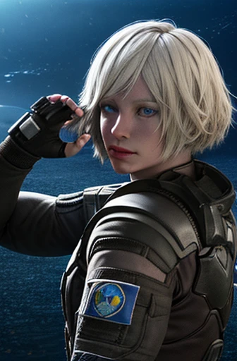 iana (rainbow six), masterpiece, best quality, 1girl, solo, short hair, gloves, blonde hair, realistic, fingerless gloves, lips, armor, blue eyes, white hair, looking at viewer