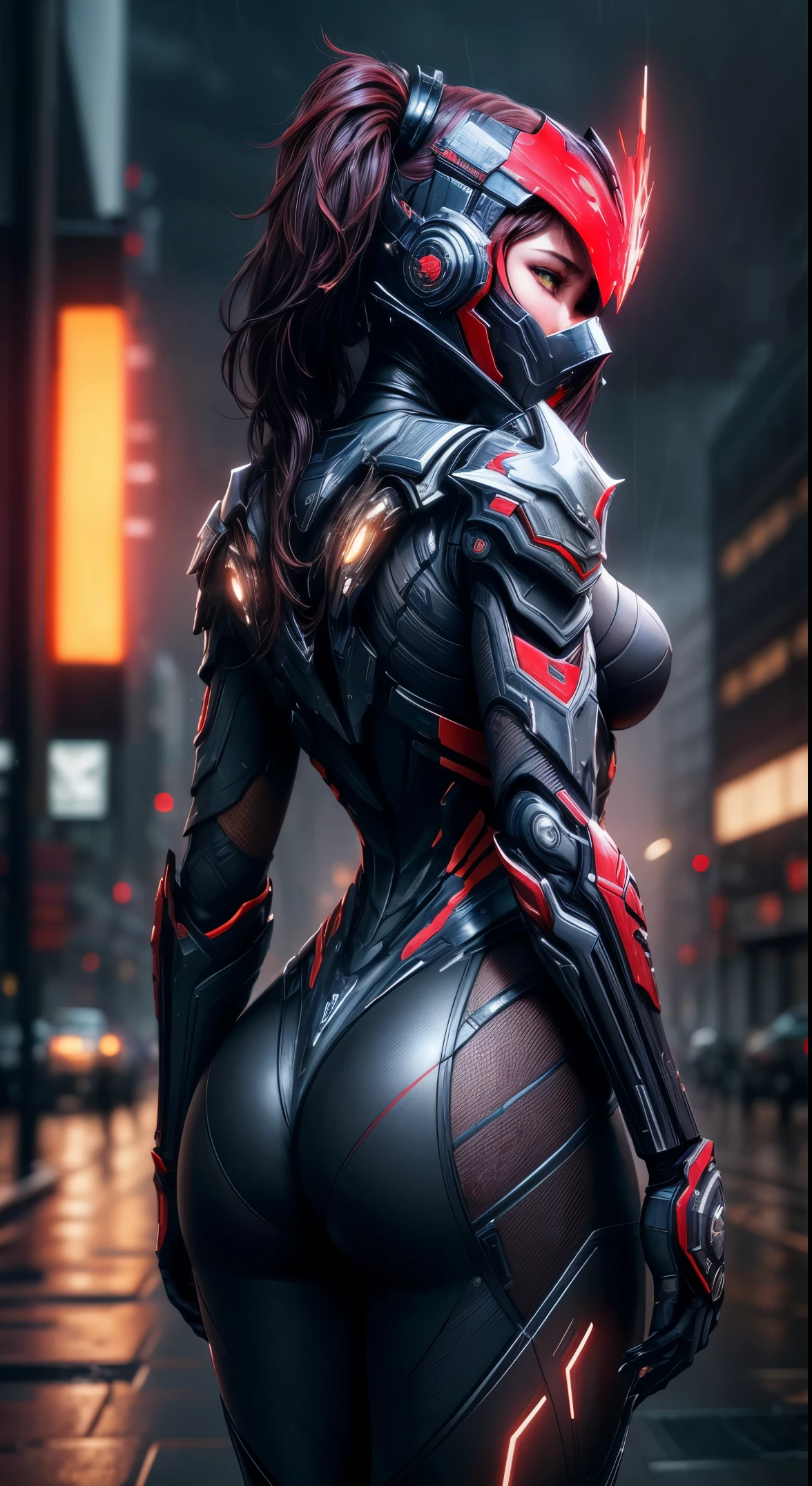 1 girl, WARFRAME, intricate pattern, heavy metal, energy lines, faceless, glowing eyes, elegant, intense, blood red and black uniform, solo, modern, city, streets, dark clouds, thunderstorm, heavy rain,, dramatic lighting,, (masterpiece:1.2), best quality, high resolution, beautiful detailed, extremely detailed, perfect lighting,