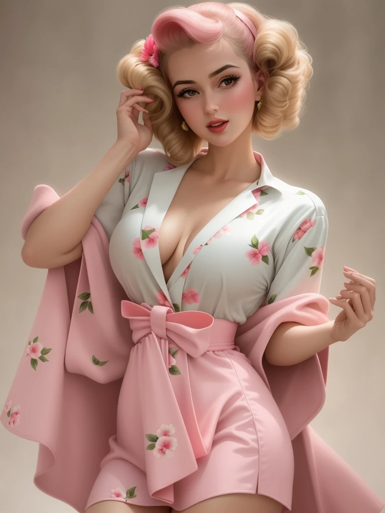 arafed woman in a pink robe posing for a picture, retro pinup model, pinup, pinup model, 1950s vibes, pinup pose, pinup art, girl pinup, pinup girl, 🌺 cgsociety, pinup body, vintage pin up, pin up girl, pinup style, 5 0 s aesthetic, pin up, pin-up poster girl, ultra realistic face, ultra realistic hair, big boobs.