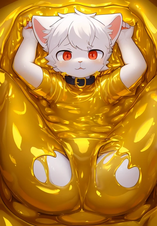 (best quality,4K,8k,highres,masterpiece:1.2),ultra-detailed,a male white cat wearing a diaper,collar,red pupils,cat ears,cat nose,immersing in golden slime,sinking into the slime,thighs covered in golden slime,golden slime