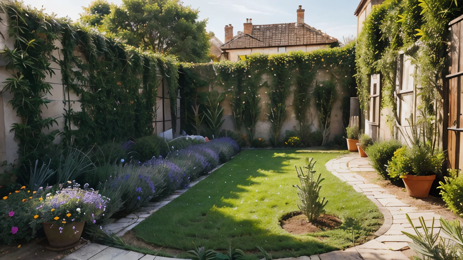 Create an illustration that (((depicts rosemary as a garden))) full of vitality. Draw several {rosemary plants at different heights}, with green leaves and purple flowers. Around the plants, draw small [cholesterol particles]