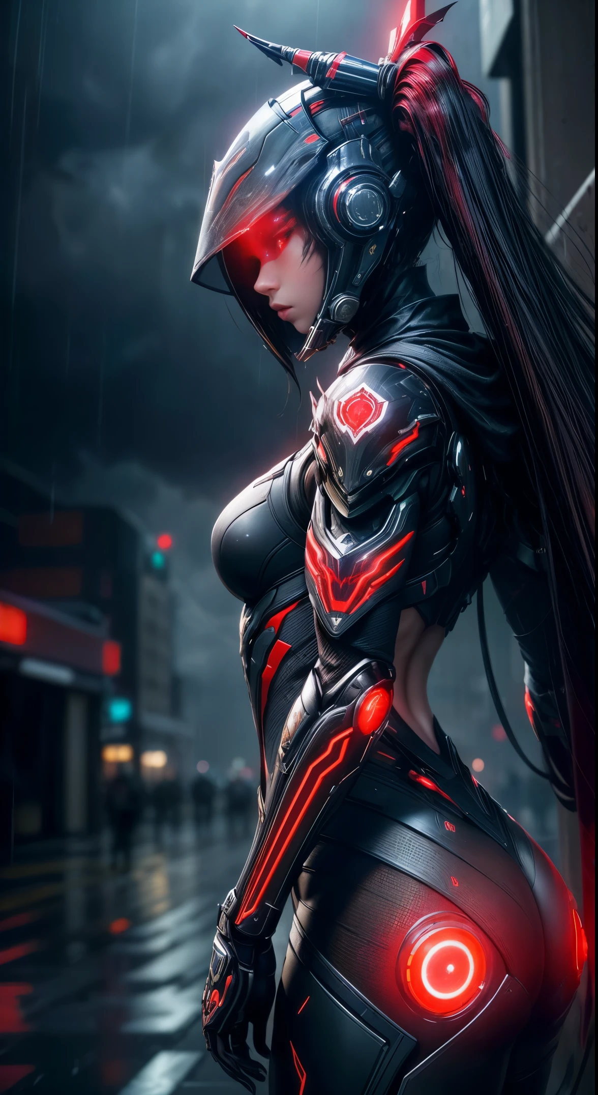 1 girl, WARFRAME, intricate pattern, heavy metal, energy lines, faceless, glowing eyes, elegant, intense, blood red and black uniform, solo, modern, city, streets, dark clouds, thunderstorm, heavy rain,, dramatic lighting,, (masterpiece:1.2), best quality, high resolution,   beautiful detailed, extremely detailed, perfect lighting,