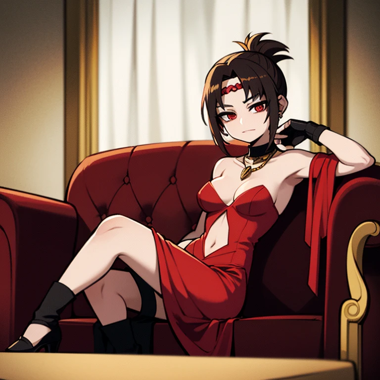 Young woman, 30 years old, red eyes, short brown hair tied in a bun, small breast, wearing a RED DRESS, GOLD JEWELERY, LONG BLACK GLOVES, BLACK HIGH HEELS, and a BLACK HEADBAND in her hair, sitting on a sofa in a mansion
