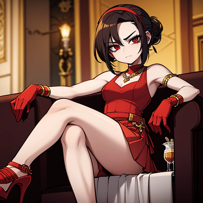 Young woman, 30 years old, red eyes, short brown hair tied in a bun on the BACK OF THE HEAD, small breast, wearing a RED DRESS, GOLD JEWELERY, LONG BLACK GLOVES, BLACK HIGH HEELS, and a BLACK HEADBAND in her hair, sitting on a sofa in a mansion