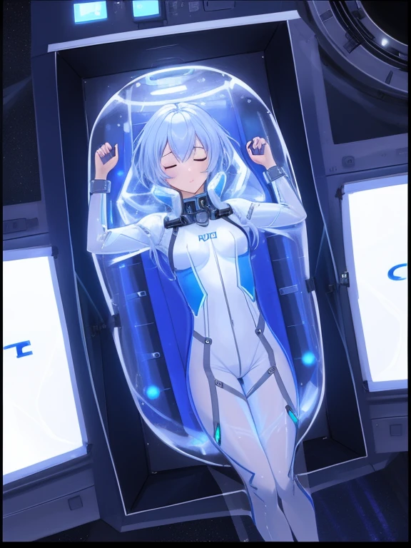 a female on a space station, sleeping in cryopod, in weightlessness, (in transparent bodysuit:1.2), hdr, 8k, lies flat
