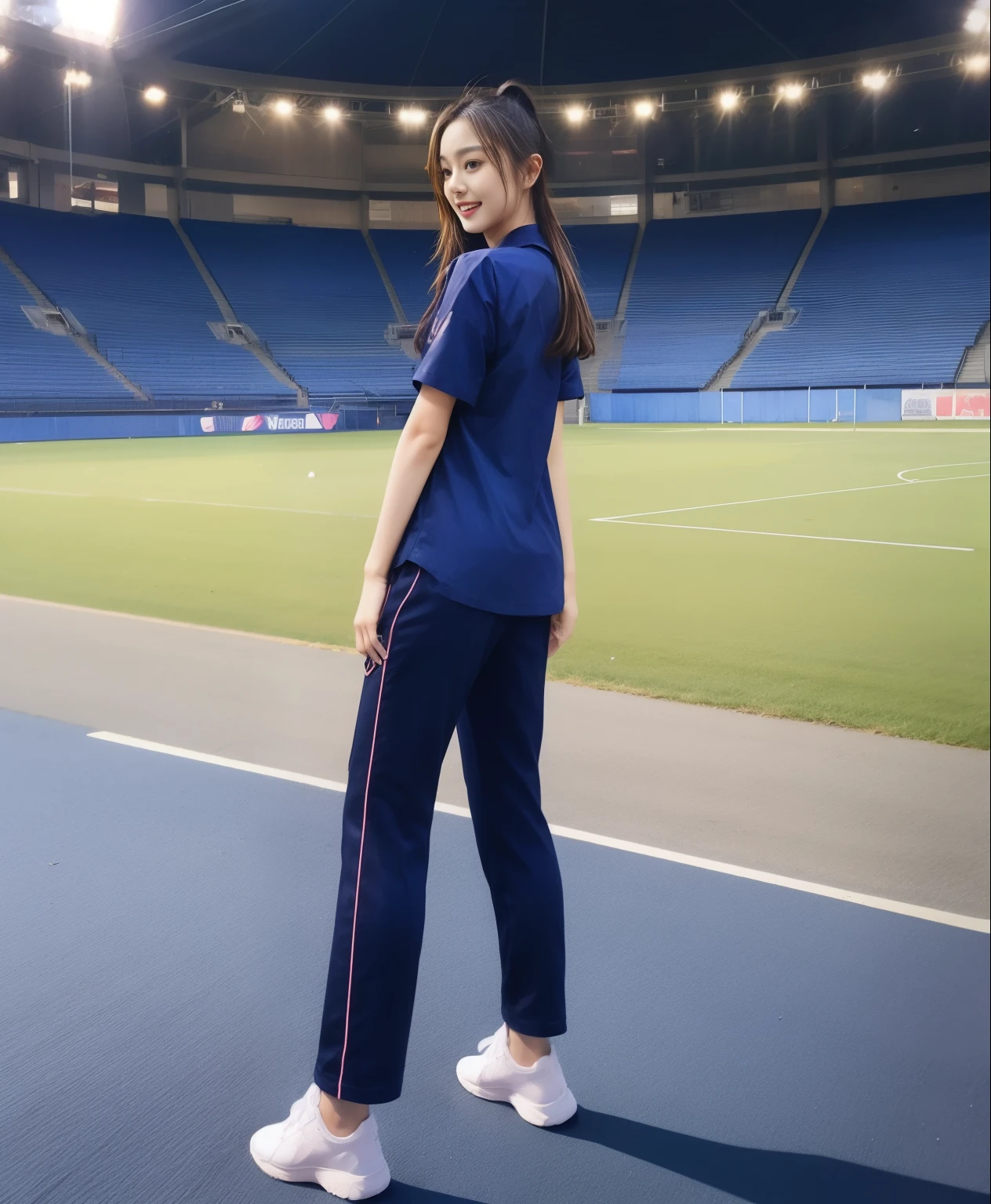 (best quality,10,10,height,Masterpiece:1.2),Special details,(realistic,ภาพrealistic,Realistic photos:1.37),1 cute girl on the football field,Shiny skin,only,smile softly,BDclothelue shirt:1.3)),short sleeve,shirt, กางเกงขาlong.,(navy_long_ติดตามกางเกงขาlong:1.1), ((stadium background:1.3)),Dynamic angle,excited,Face focus,dynamic poses,from behind,focus ass,Masterpiece, best quality, ultra realistic, Too many details, 8k resolution, raw photos, Sharp focus, ((Navy blue shirt:1.1)), short sleeve, เส้นทางlong, perfect bodyแบบ, 2 mature women, 18, Cinema-grade lighting system,กางเกงขาlongวอร์มสีน้ําเงิน,exercise clothes,correct anatomy,perfect body, correct body, Sharp face, correct bodyทางกายวิภาค, full body, realistic gestures, long-haired, realistic ,ช่วงขาlong,fit,carved girl, Slender figure, Model, fit, beautiful body,Blue sweatpants, กางเกงวอร์มขาlong