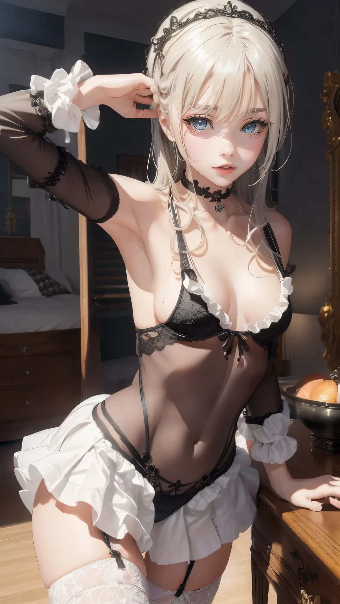 (random sexy pose:1.8),(White Gothic Lolita Dress:1.2),super dense skin,(Thin type:1.8),small, beautiful breasts,(flat chest:1.8), white skin, pointed chest, erect nipples,(twin drill),(super thin hair), (super soft hair), (ultra straight hair),dull bangs, (movie-like scene, fantasy art, best image quality, hyperrealistic portrait, (8K), surreal, 最high quality, high quality, High resolution, fine texture, high detail, beautiful details, Detailed, Highly detailed CG, Detailedテクスチャー, realistic facial expression, masterpiece, before, dynamic, bold)