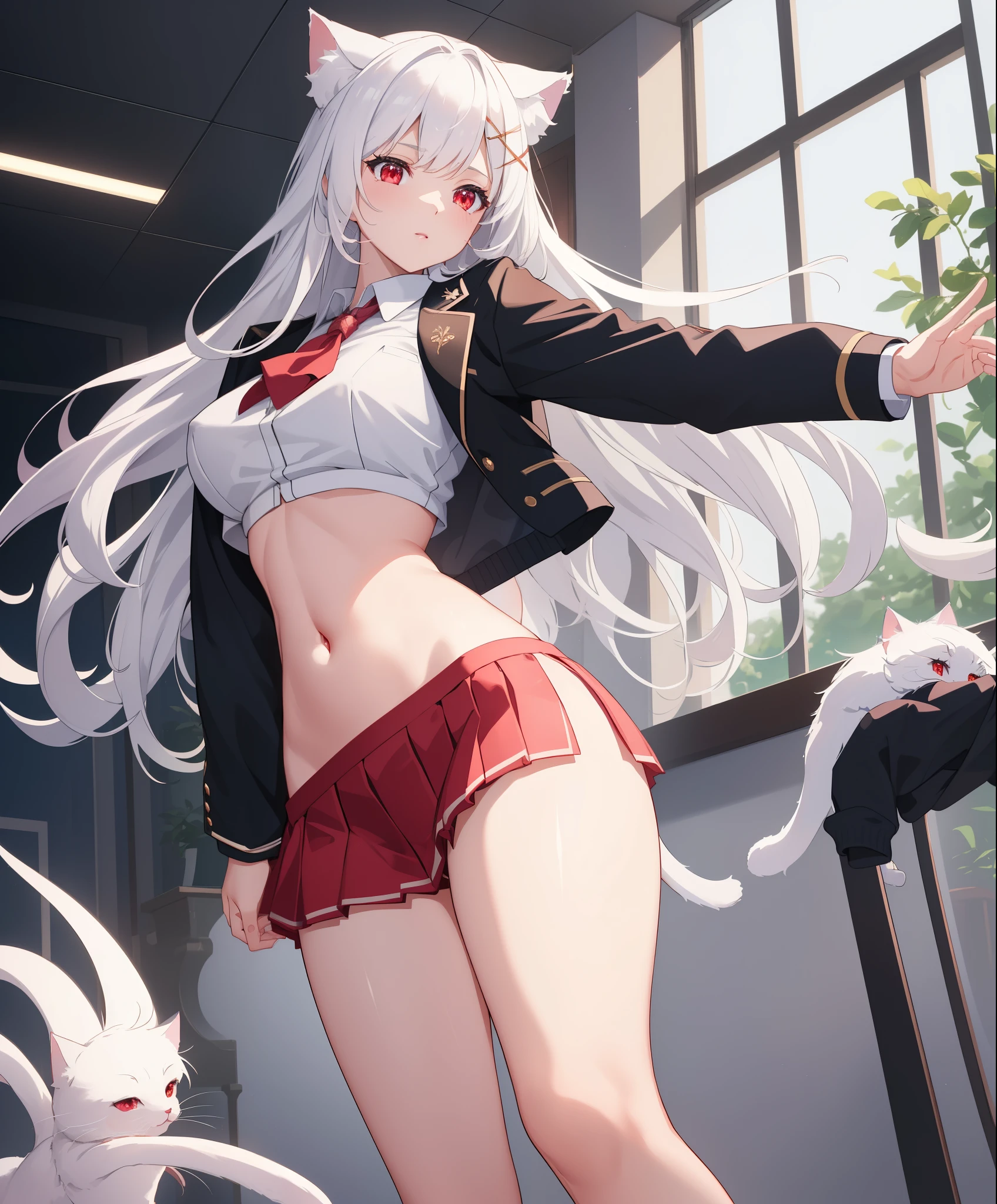 æ™®éœ²å¡ žå¨œ,1girl,dog ears,grey hair,long hair,very long hair,bangs,red eyes,ears down,dog girl,solo, red bowtie,white jacket,open jacket,red skirt,neck ribbon,dog tail,black pantyhose,breasts,belt,black corset,long sleeves,,white shirt,high-waist skirt,collared shirt, meat,eating,holding food,food,, Exquisite visuals, high-definition,masterpiece,best quality,desnuda, naked with big ass and tits spreading her ass until you can see her anus on the camera.TENIENDO SEXO ANAL