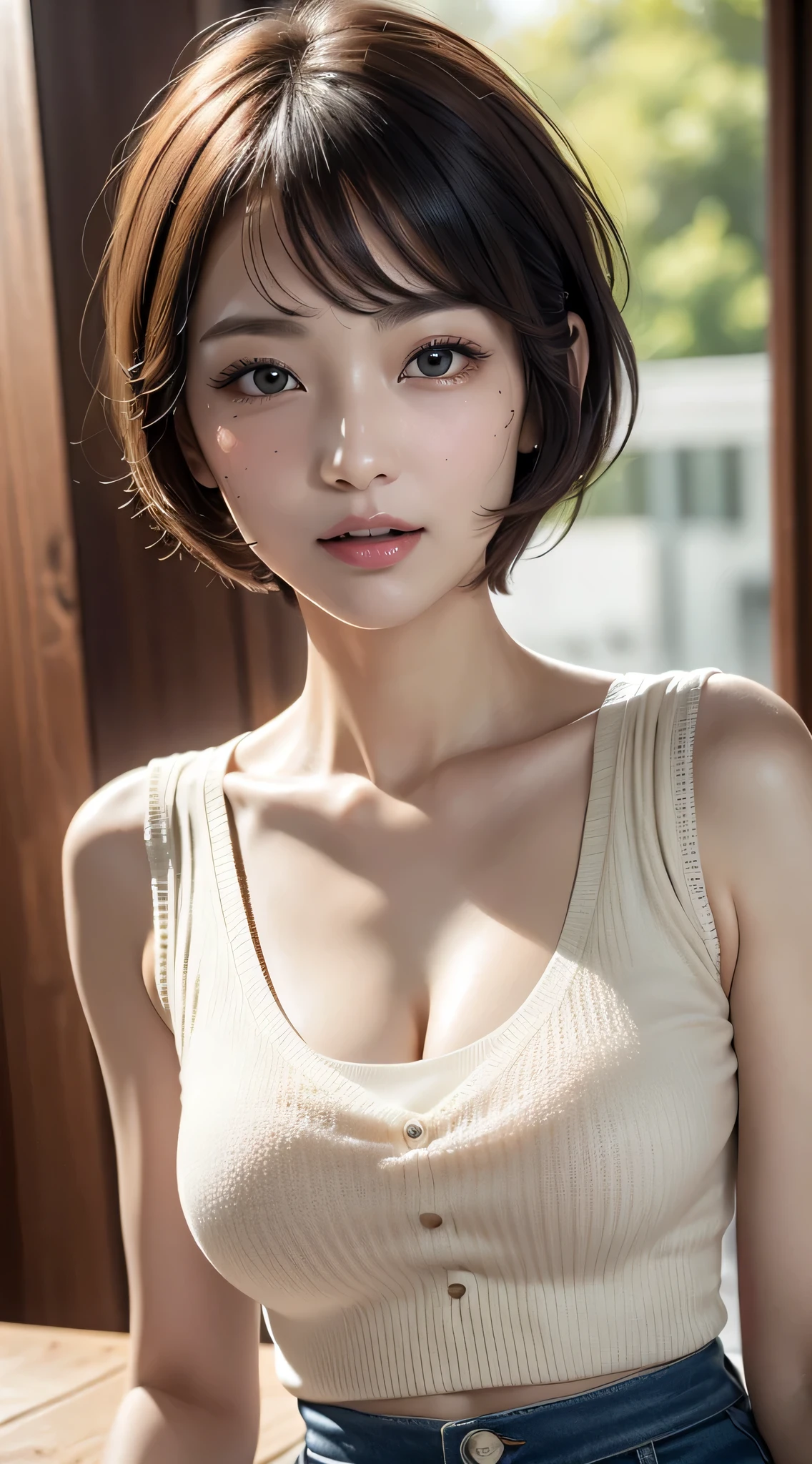 table top, highest quality, Photoreal, finely, High resolution, 8k wallpaper, perfect dynamic composition, Accurate representation of the beautiful anatomical structure of the eye, (((pixie cut、wavy))), big and full ???????, random ???? pose,????? to ?????、(Mock Neck Crop Tank Top White Knit、cleavage looks real)、(?????? bulge 1.2)、laughter、open your mouth、resort scenery、(((42 years old)))、(droopy eyes 1.4)、 beauty、Japanese、(mole under left eye、Kuroko on the right side of the mouth)