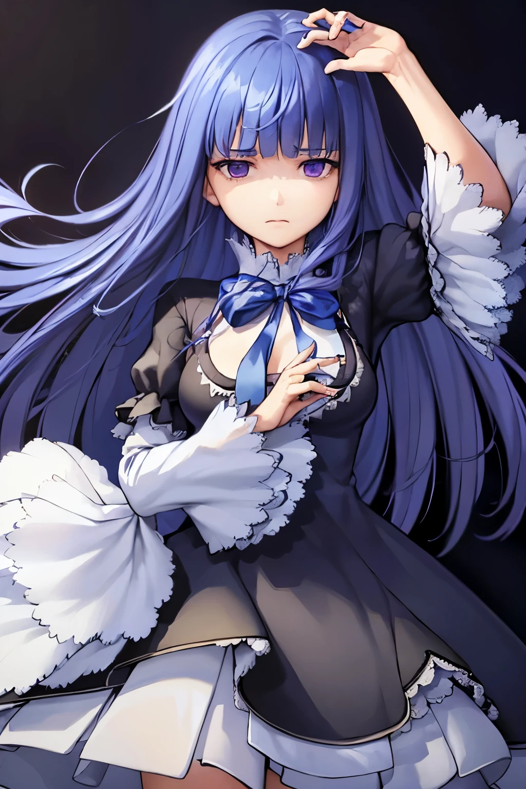 ((frederica bernkastel)) (best quality)), ((masterpiece)), (detailed), perfect face , dark blue hair, blunt bangs, hime cut, long hair, solo, 1girl, purple eyes, expressionless, gothic dress, lying, blue ribbon, spread arms, blank eyes, breasts, nipples