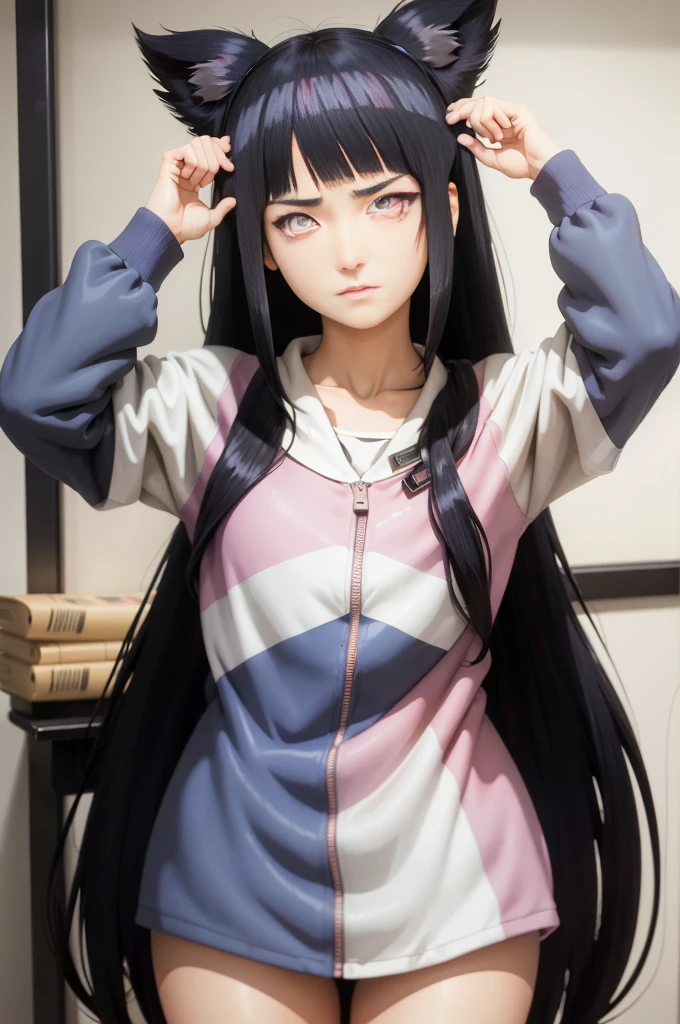 black hair, hair bobbles, longeyelashes, solid circle eyes, ear blush, fang, colored inner hair, very long hair, expressive hair, halo, mole under eye, mismatched sclera, mismatched pupils, fake animal ears, tearing up, full blush, tsundere, naughty face, endured face, Surrealism, drop shadow, anaglyph, stereogram, tachi-e, pov, super detail, ccurate, best quality, highres