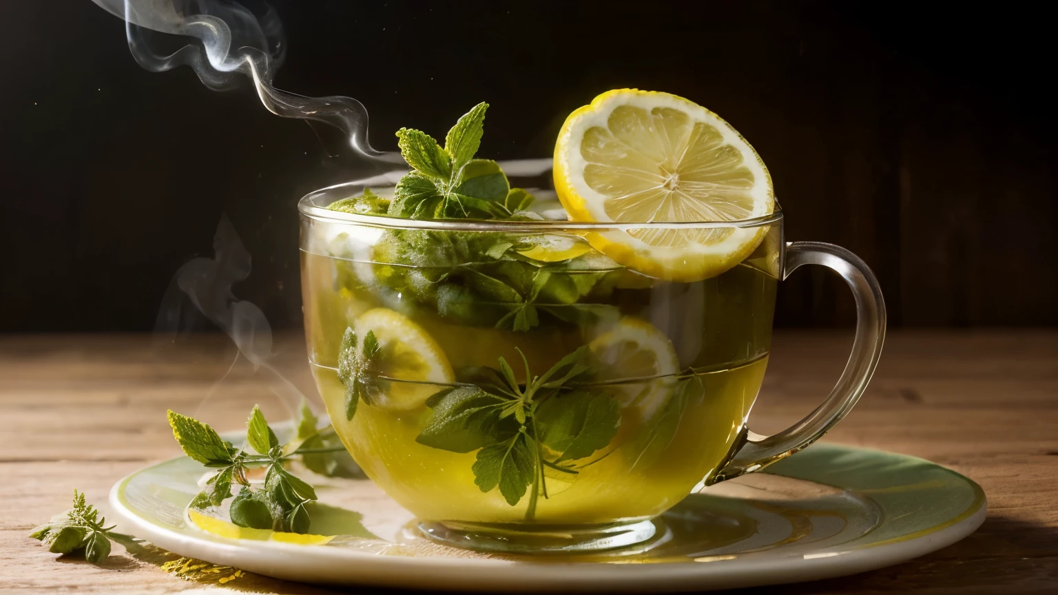 Create an illustration that (((represents lemon balm))) as a cup of medicinal tea for the heart. Draw a stylized cup, with steam rising from the drink. Inside the cup, {draw small particles} of cholesterol being transformed into healthy elements, such as [beating hearts] or symbols of health, by lemon balm tea.