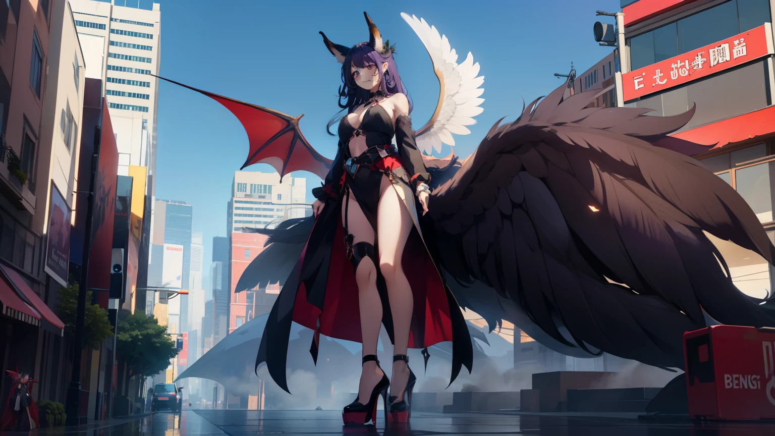 giant girl 50,00000 feet high, Possessing a pair of huge demon wings，And has a huge and slender fox tail，Have waist-length hair，hair scattered，Wearing a pair of 12CM red high heels，Purple curly hair，A look of enjoyment，Standing upright in a small city，side angle