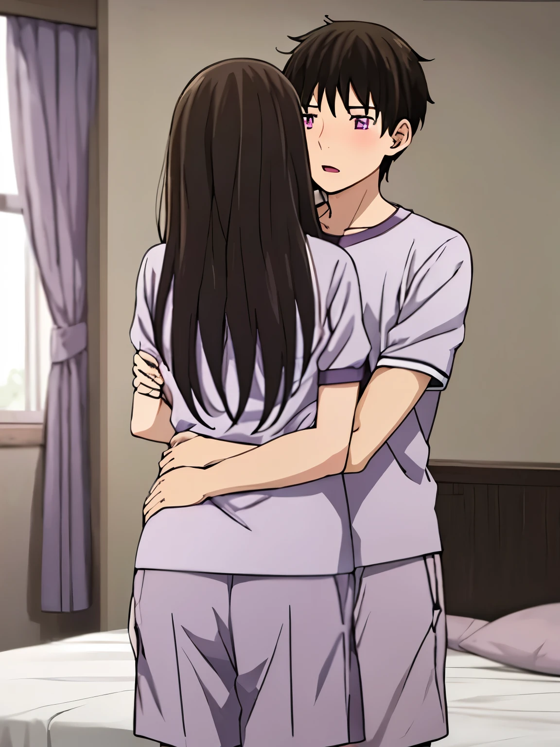 1boy, boy is behind girl, breast grope from behind, 1girl, purple eyes, bangs, black hair, blush, breasts, medium breast, gym uniform, collarbone, blue gym shorts, white short sleeve gym shirt , indoors, night, passionate hug, lie on bed, breastgrope from behind 
