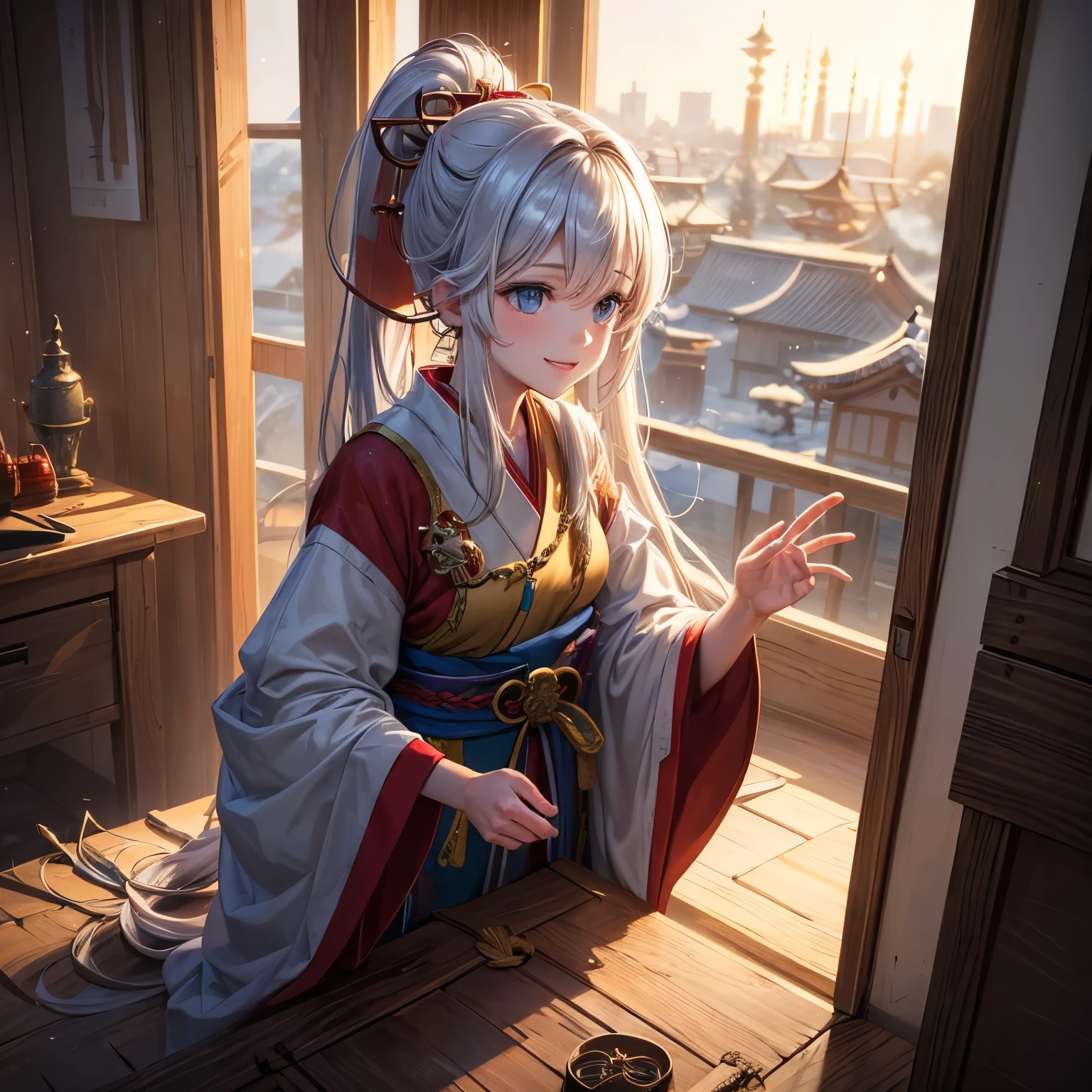 (Best Quality, 8K, hight resolution, masterpiece:1.2), Ultra-detailed, Realistic:1.37, Studio Lighting, Ultra-fine painting, Sharp Focus, Physically-based rendering, extreme detail description, Professional, Vivid colors, Bokeh, Portraits, Concept Artist, Warm color palette, Dramatic Lighting, (shiny hair:1.4), (best shadow), close eyes, happy smile,1 woman,Hold out the amulet with both hands through the open window of a wooden building,winter Shrine, ponytail_hair,shrine maiden outfit,