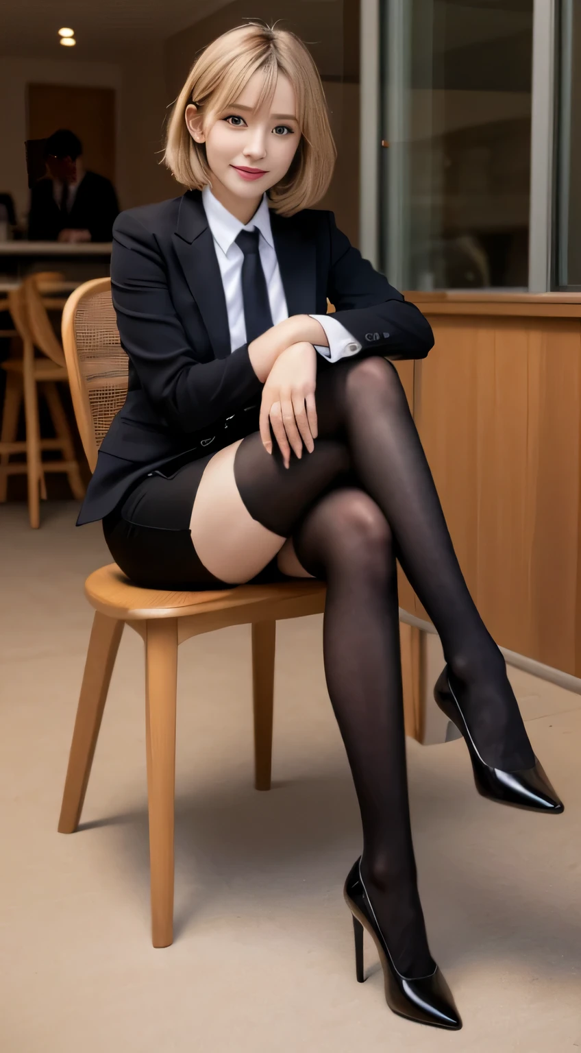 masutepiece, Best Quality, Illustration, Ultra-detailed, finely detail, hight resolution, 8K Wallpaper, Perfect dynamic composition, Beautiful detailed eyes, Business suits,Mini skirt,short cut hair,Natural Color Lip, Sit on a chair and cross your legs,Smile、25 year old girl,red eye shadow,Wearing black tights stockings,