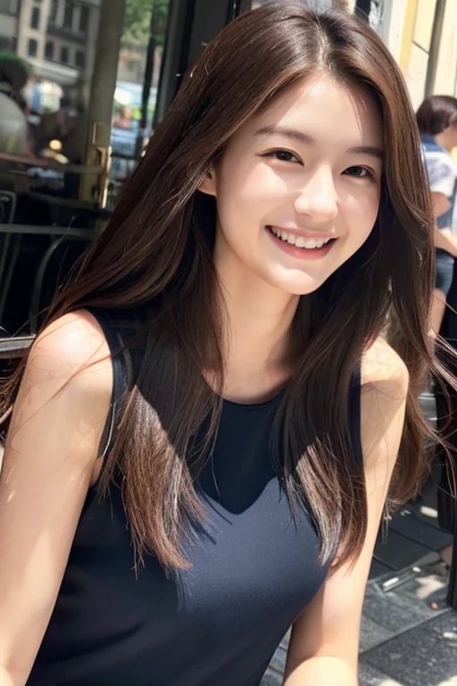 woman in her 20s、slender、smile、Wearing a casual dress、long hair、Dark brown hair color、Upper body、Cafe