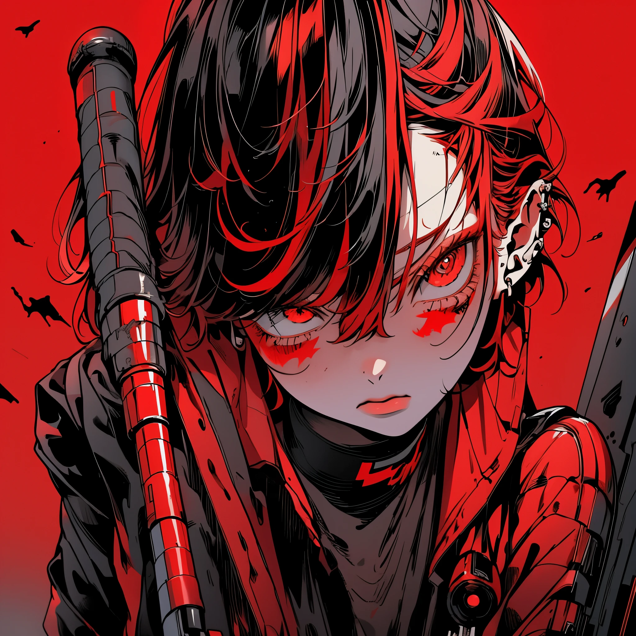 on the moon, red is the main color, holding_arms, No_human, lowers_The eyes are, droid, background of the Milky Way galaxy,neon,cyberpunk, best quality, muste piece, disorganized, monochrome, game cg,
