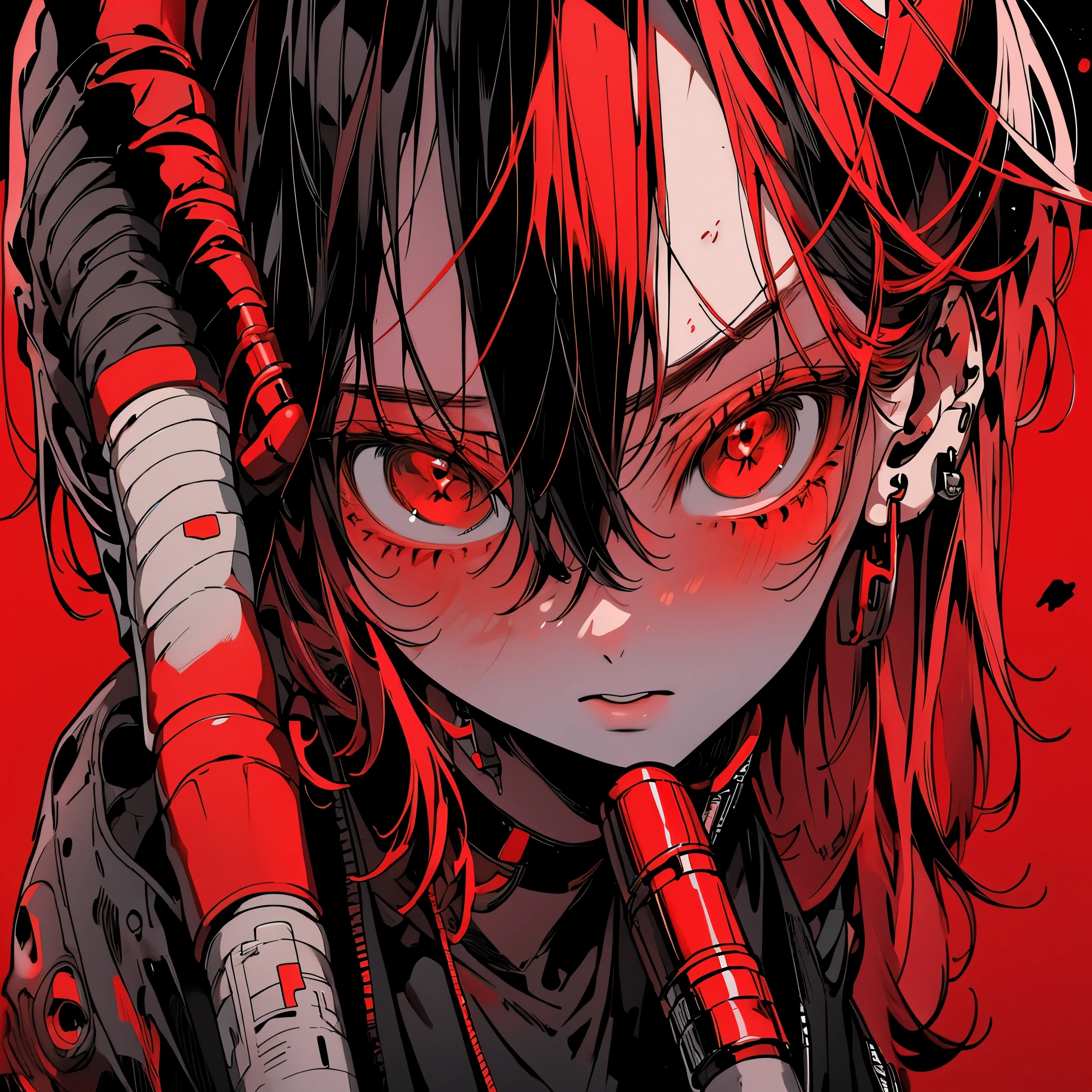 on the moon, red is the main color, holding_arms, No_human, lowers_The eyes are, droid, background of the Milky Way galaxy,neon,cyberpunk, best quality, muste piece, disorganized, monochrome, game cg,