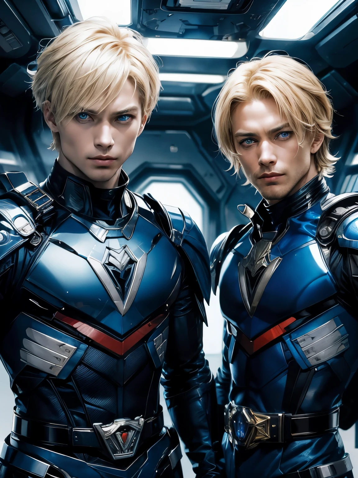 Two men with blond hair and blue eyes are staring at the camera with defiant expressions. Both were wearing blue-black metallic combat uniforms. On his waist is something reminiscent of Kamen Rider's transformation belt. The two of them are inside a spaceship. A masterpiece.