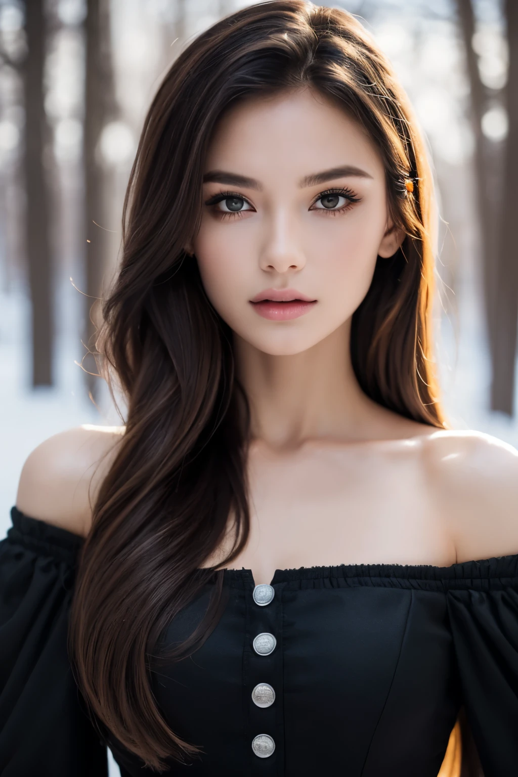 A woman with long hair wearing a black top and a black dress - SeaArt AI