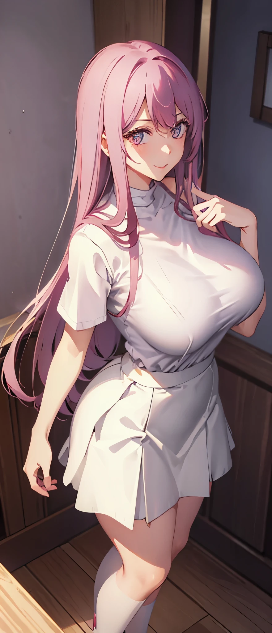 Beatiful  white socks , white skirt , bra ,  ,  , tall legs , smile , ( milf ) , HD , detailed eyes , soft pink hair