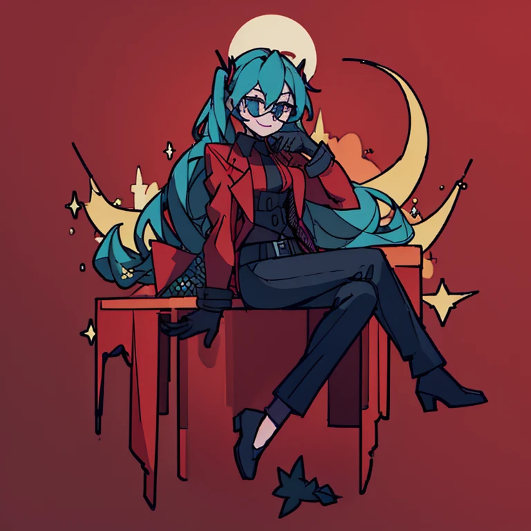 ((highest quality, 8K, masterpiece: 1.3)), 1 girl, hatsune miku, long hair, Double-tailed, Black sunglasses, single, moon, sitting, black tie, blue hair, black pants, , red jacket, smile, black gloves, red jacket, Red suit, formal, long hair, Aqua Green Hair, black gloves, synthwave, red jacket, Red suit, red jacket, leather shoes