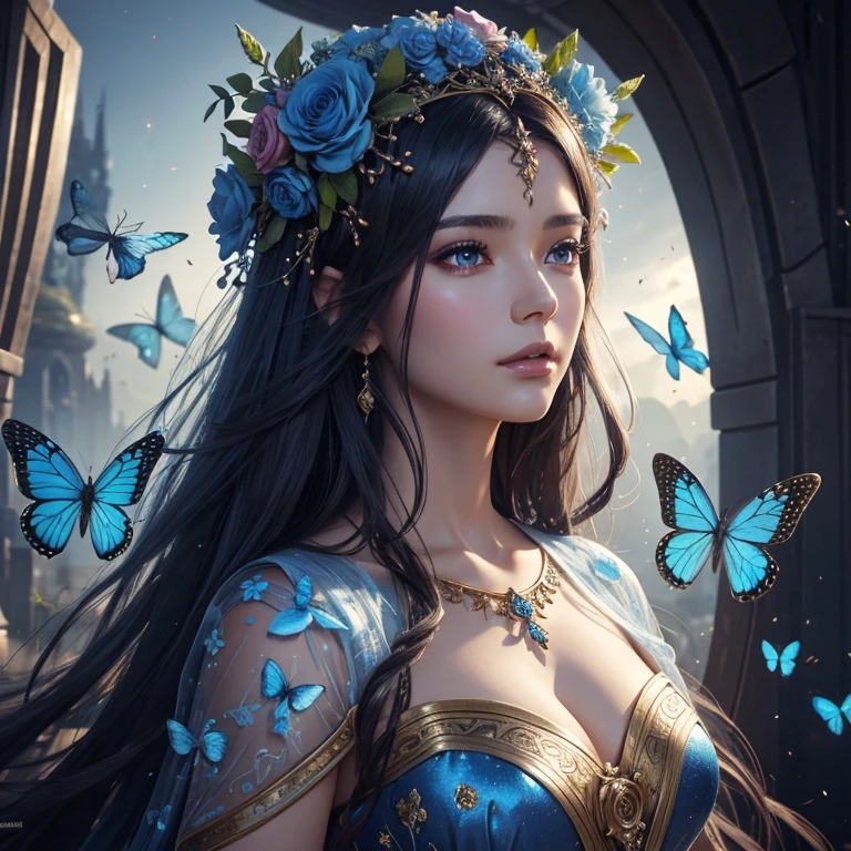 There is a woman wearing a flower crown on her head., Karol Bak Oud,Shining blue butterflies all around、Mysterious universe in the background、Up to the upper body、 4K high-definition digital art, goddess. very high detail, fantasy art, beautiful digital artwork, detailed fantasy digital art, amazing digital illustrations, highly detailed fantasy characters, 8K high quality detailed art、The aspect ratio cannot be changed