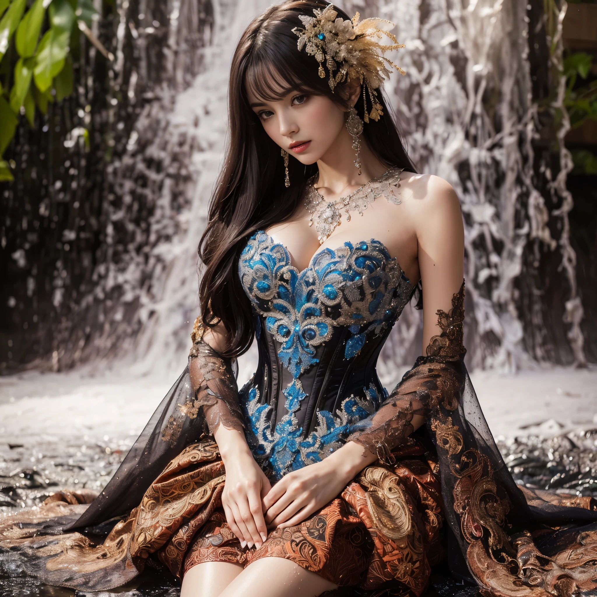 arafed woman with bustier gigantic  in a corset and dress in front of a building, wearing an ornate outfit, ornate dress, intricate dress, elegant corset, ornate and elegant, extravagant dress, inspired by Hedi Xandt, ornate attire, intricate outfit, ornate royal gown, ornate clothing, ornate gown, intricate and elegant, intricate detailed dress, ornate , royal dress,  masterpiece, best quality:1.2),,(8k,highres,RAW photo,realistic,photo-realistic:1.3),(detailed skin texture,detailed cloth texture,beautiful detailed face:1.25),professional lighting,photon mapping,beautiful soft light,radiosity,physically-based rendering,raytracing, model shoot style, model shoot style, (extremely detailed CG unity 8k wallpaper), full shot body photo of the most beautiful artwork in the world,