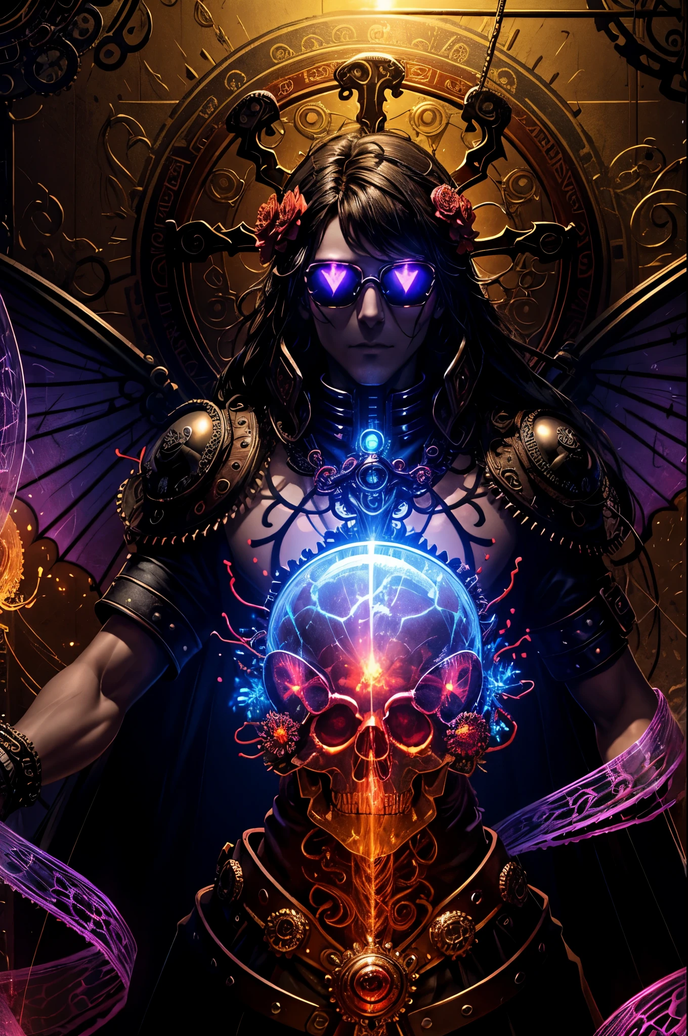 (Masterpiece, best quality :1.3), ultra-detailed, intricate, 8k, HDR, wallpaper, movie lighting, (glowing red, cross-shaped glow, blooming flowers)), gun, (shooting position), Glow, Royal Crown, armor, glowing red eyes, Metal Mecha, metal wings, The hornetal skulls parasitical by dreamlike transparent jellyfish)), the abstractly twisted jellyfish tentacles, the altar, the group of transparent tentacles above the skull, (dark sunglasses, highly reflective lenses, rainbows around the skull), the energetic circular composition only illustrates the influence of various structural forces (steampunk decorative elements, cogs, and other elements). Pointer, chain decoration combination,