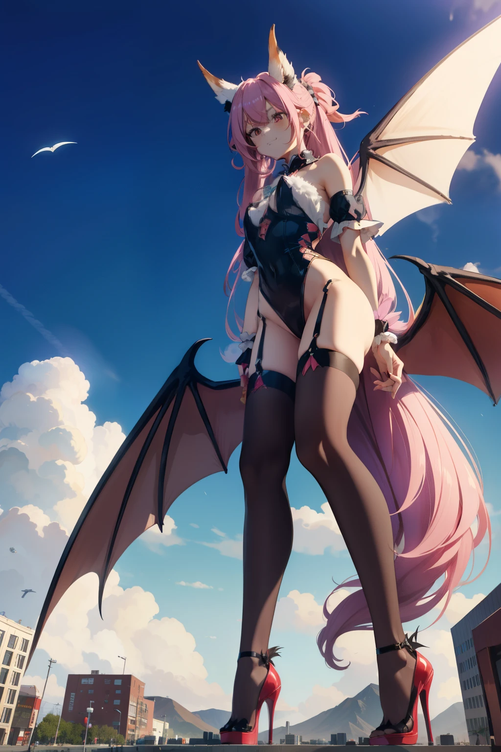 giant girl 50,00000 feet high, Possessing a pair of huge demon wings，And has a huge and slender fox tail，Have waist-length hair，hair scattered，Wear a pair of red high heels，pink scrunchie，A look of enjoyment，Standing upright in a small city，side angle