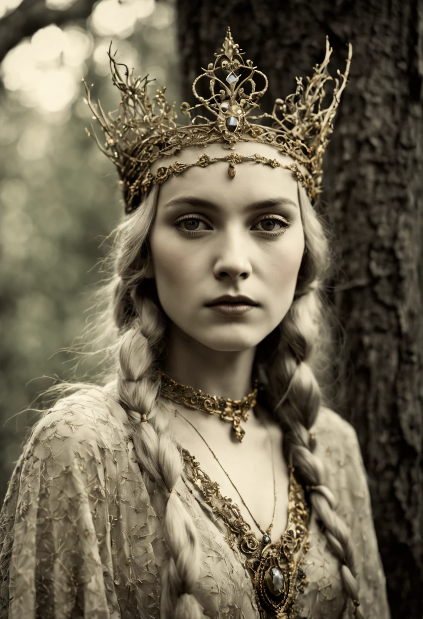 An old photograph from the 1930s with a Zeiss Ikon Ikonta 520./2 camera, published in the Museum of Historical Photography in 1930 (portrait of an elven queen), an elven queen with a beautiful sweet face against the backdrop of a dense forest, her hair braided in lacy intricate patterns, a beautiful head an elegant crown made of an interweaving of thin gold threads and liana branches, beautiful luxurious clothes, a deep neckline, a pendant with a shining crystal on the neck, film type 130, frame size 60 x 90 mm, Tessar 4.5 / 105 mm lens, vintage photographic paper, old worn photo, scuffs and scratches, photo damaged by time