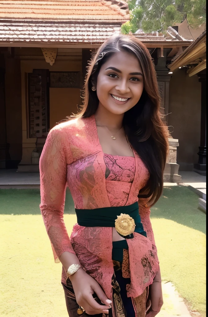 a half body portrait of a beautiful woman with long hair, wearing kebaya, kebaya_bali, kebaya, in front of a magnificent balinese temple, lovely smile, with cute face, 20 years old woman