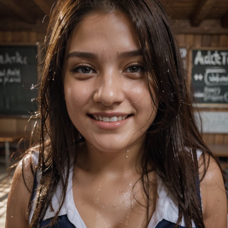 (8K), (Best Quality: 1.2), (Realistic), (Photorealistic: 1.37), Ultra High Definition, 1 Girl, Cute, Smile, Closed Mouth, Beautiful Details, Beautiful Nose, Full Body, Wet Hair, Colossal Dalsefo, Pork, School Uniform, Thighs