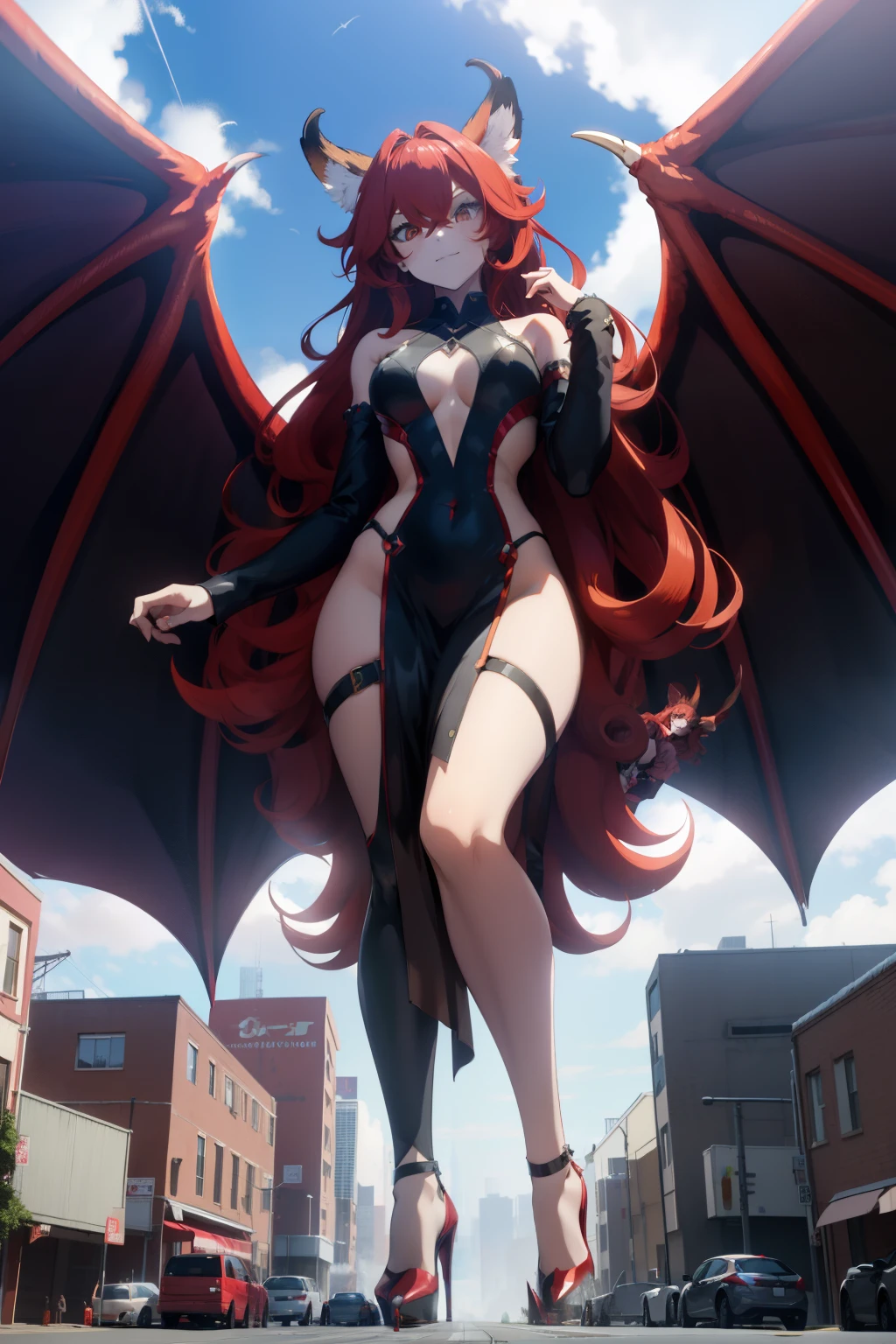 giant girl 50,00000 feet high, Possessing a pair of huge demon wings，And has a huge and slender fox tail，Have waist-length hair，hair scattered，Wear a pair of red high heels，red curly hair，A look of enjoyment，Standing upright in a small city，side angle