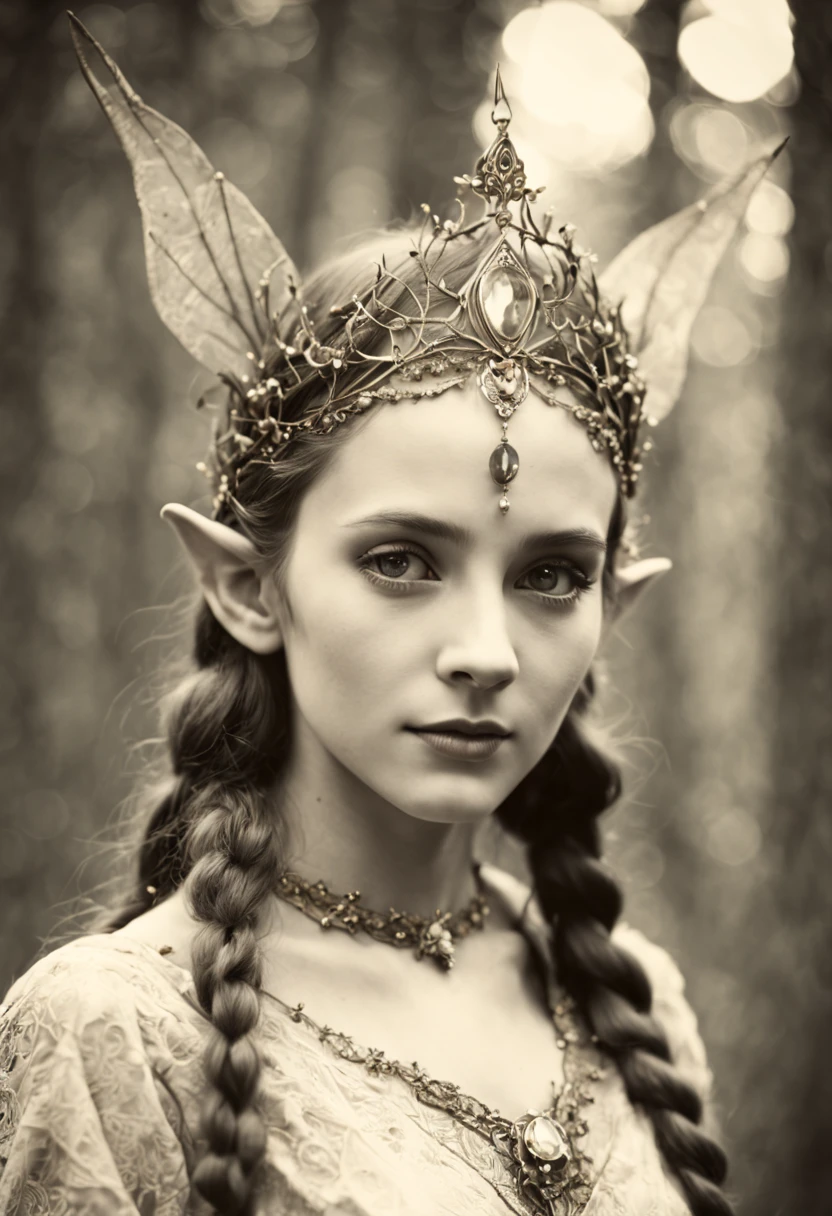Old photograph from the 1930s with a Zeiss Ikon Ikonta 520./2 camera, published in the Museum of Historical Photography in 1930 (portrait of an elven queen with long pointed elf ears), an elven queen with a beautiful sweet face against the backdrop of a dense forest, hair braided in lacy intricate patterns, the long pointed ears of an elf are visible, on the head there is a beautiful elegant crown made of interlacing thin golden threads and vine branches, beautiful luxurious clothes, a deep neckline, a pendant with a shining crystal on the neck, film type 130, frame size 60 x 90 mm, Tessar 4, 5/105 mm lens, vintage photo paper, old worn photo, scuffs and scratches, photo damaged by time