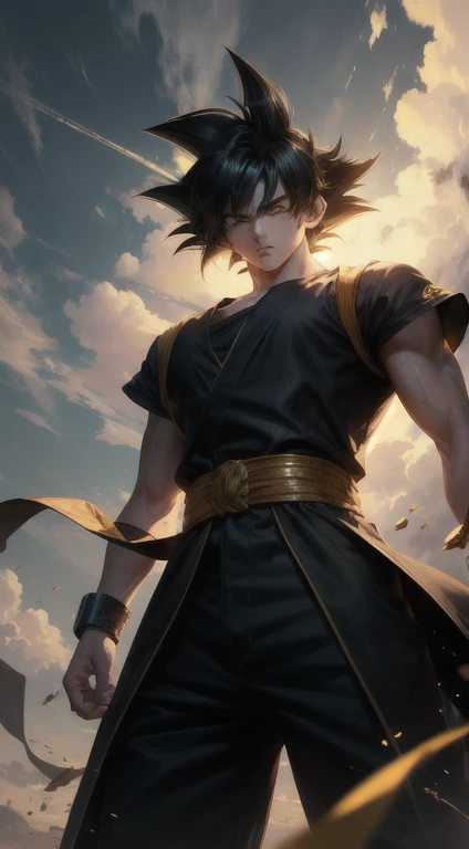 Super Saiyan Son Goku standing on a golden cloud,(highest quality,very detailed,masterpiece,HDR,UHD,64k:1.professional,realistic,RAW photo,Bright colors, Stunning black and gold background, White clouds in the sky background, Clouds pull out long lines at super high speed, glowing bright yellow eyes, clear facial features, vivid expressions, gopro