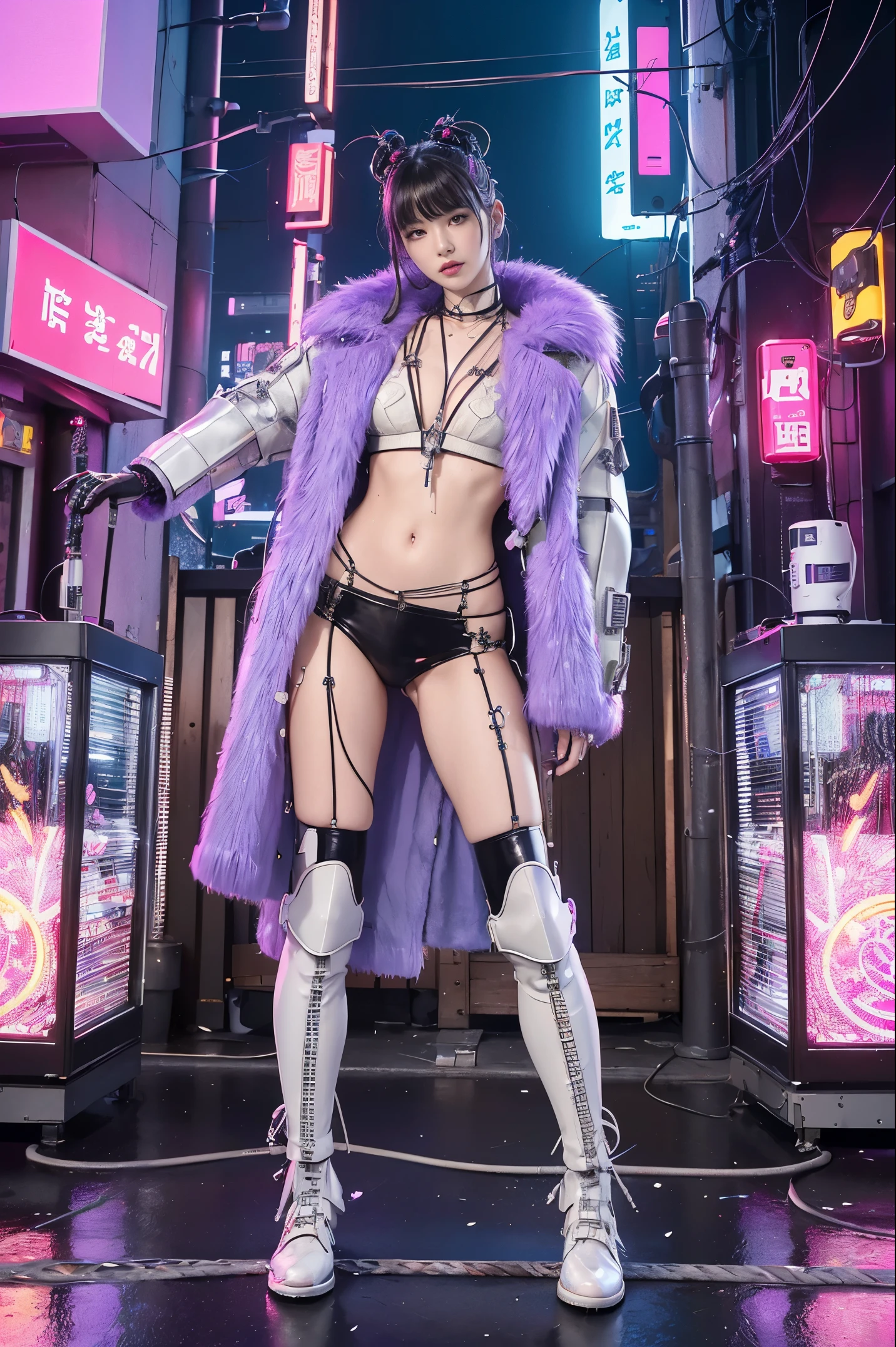 (((​masterpiece)))、((top end-quality))、(The ultra-detailliert)、8K、(Very noble and beautiful))、Cinematic Light、((1 Mechanical Girl))、Looking here、White ceramic body、a purple eye、Single、(Mechanical joint:1.4)、((Mechanical limb))、(Blood vessels attached to the back))、((Mechanical cervical vertebrae attached to neck))、(Wires and cables attached to the head and body:1.5)、 neon details、科幻小说、cowboy  shot、((The background  Cyberpunk City)),  Korean idol girl under a shower of rain and colorful daisy petals,  soaking wet and looking up, crystal style photo, ((full body)), real photo 4k, crystal clear with details of rain drops and flower petals,  (((wear leather fur jacket full covered to body and armor)))