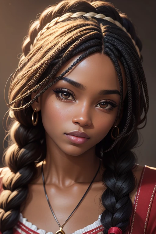 (highest quality, masterpiece:1.2), realistic, Detailed portrait of one black girl,braided wig close up,realistic oil painting, Bright colors, soft lighting, complex brush strokes, elegant pose, expressive eyes, flowing hair, delicate features.