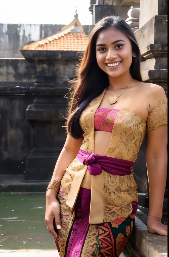 a half body portrait of a beautiful woman with long hair, wearing kebaya, kebaya_bali, kebaya, in front of a magnificent balinese temple, lovely smile, with cute face, 20 years old woman